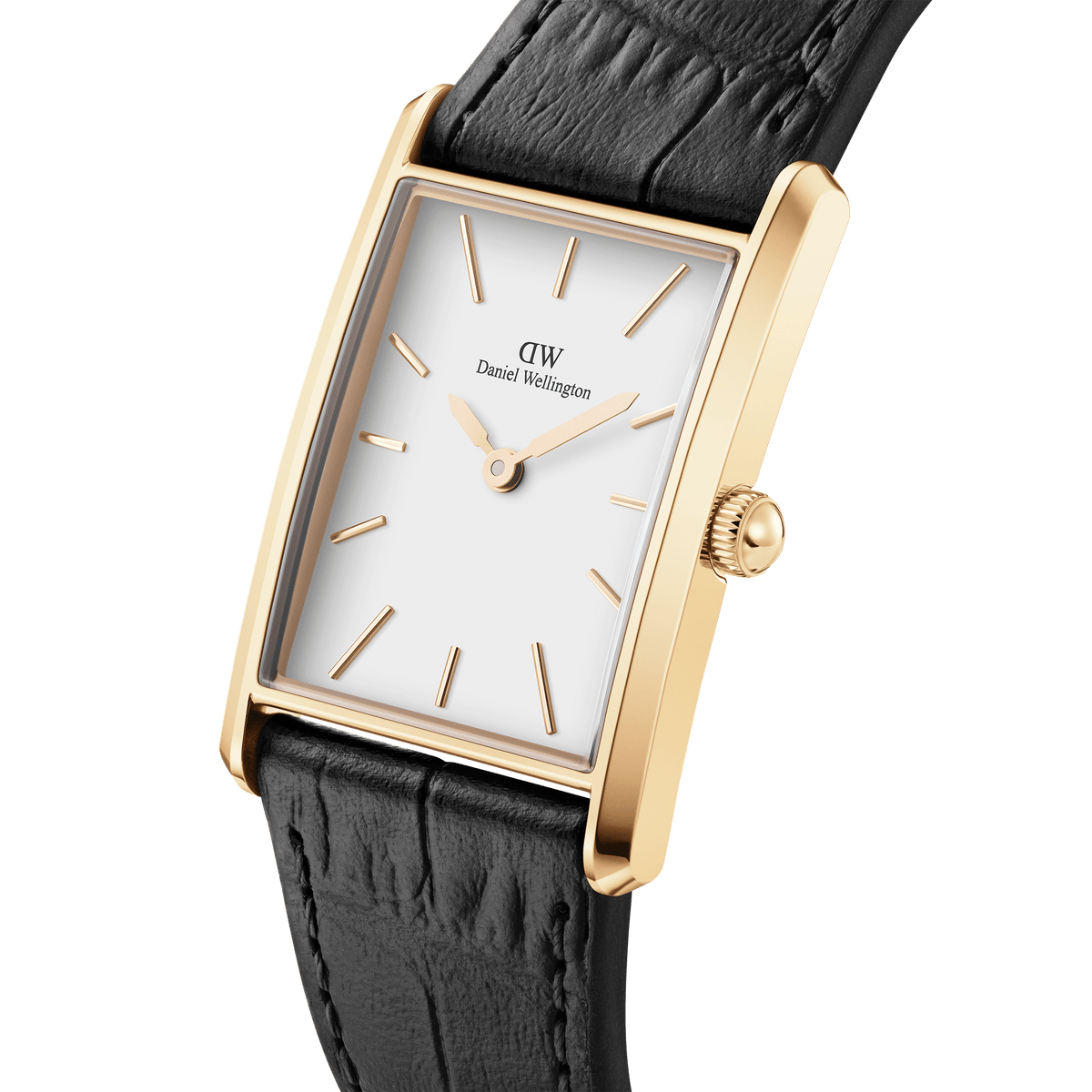 Elegant Daniel Wellington watch featuring a rectangular gold case, minimalist white dial with gold markers, and a black crocodile-embossed leather strap. The softly curved profile and refined detailing create a sophisticated, timeless look.