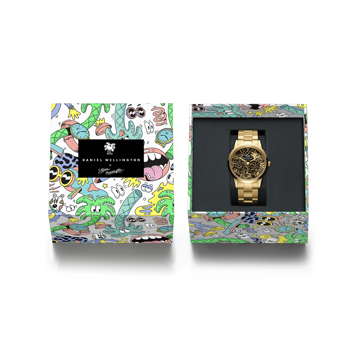 Steven Harrington x DW Iconic Link Dual Tone Gold watch presented in a vibrant, limited edition gift box decorated with Harrington’s colourful illustrations, highlighting the gold link strap and artistic black dial.