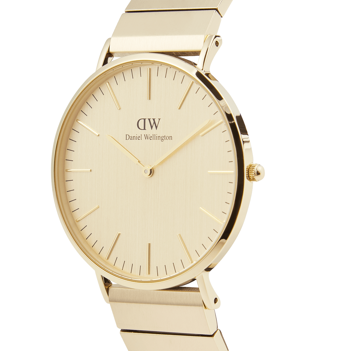 Classic Piano Link Gold Unitone watch featuring a brushed gold dial, minimalist face, and geometric piano link bracelet in a side profile view.