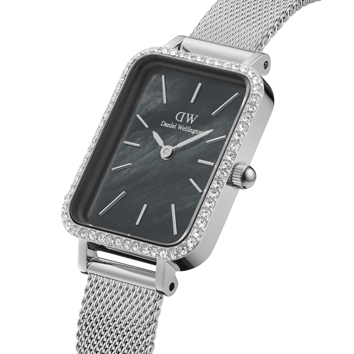 Quadro Lumine Bezel Sterling Black MOP women’s watch with crystal-set bezel, black mother of pearl dial, and mesh strap.