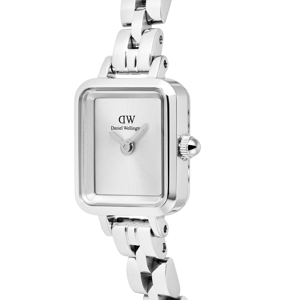 Close-up of the Quadro Mini Arch 3-link White Sunray Silver watch, showing its rectangular sunray white dial, polished stainless steel case, and distinctive arched 3-link bracelet.