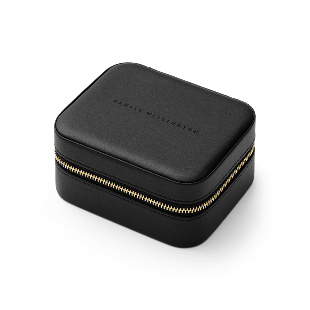 Sleek black travel jewellery box with gold zip and embossed Daniel Wellington logo, designed for secure and stylish storage on the go.