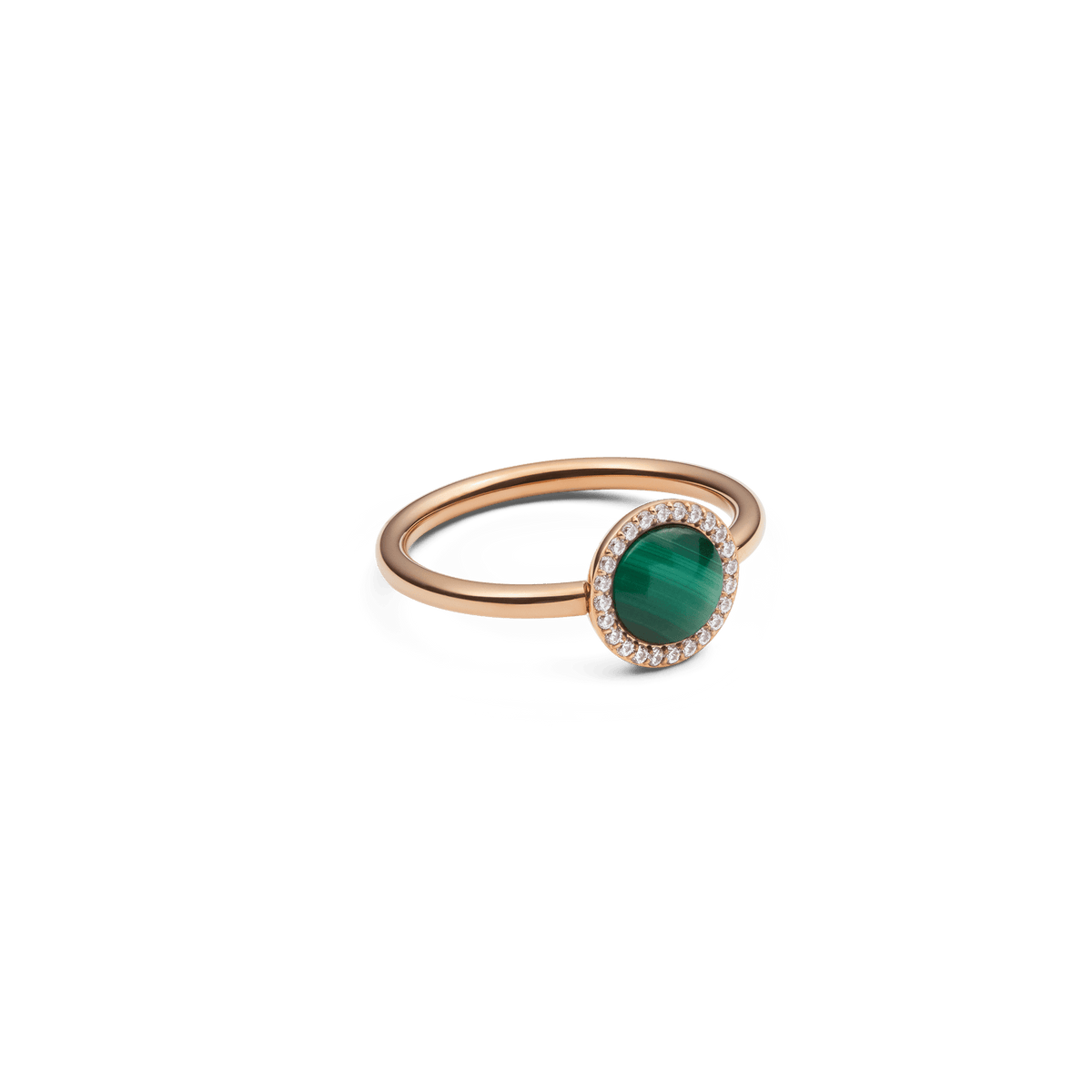 Audrey Ring in rose gold with domed green malachite centre and halo of white cubic zirconia, elegant modern jewellery.
