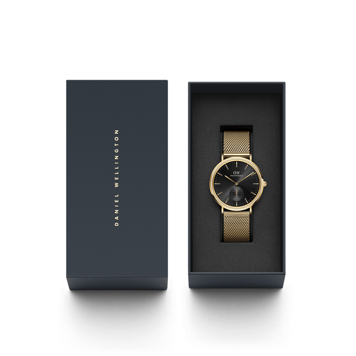 Classic Multi-Eye Evergold Onyx watch with a gold mesh strap and black dial, elegantly presented in a dark Daniel Wellington gift box.