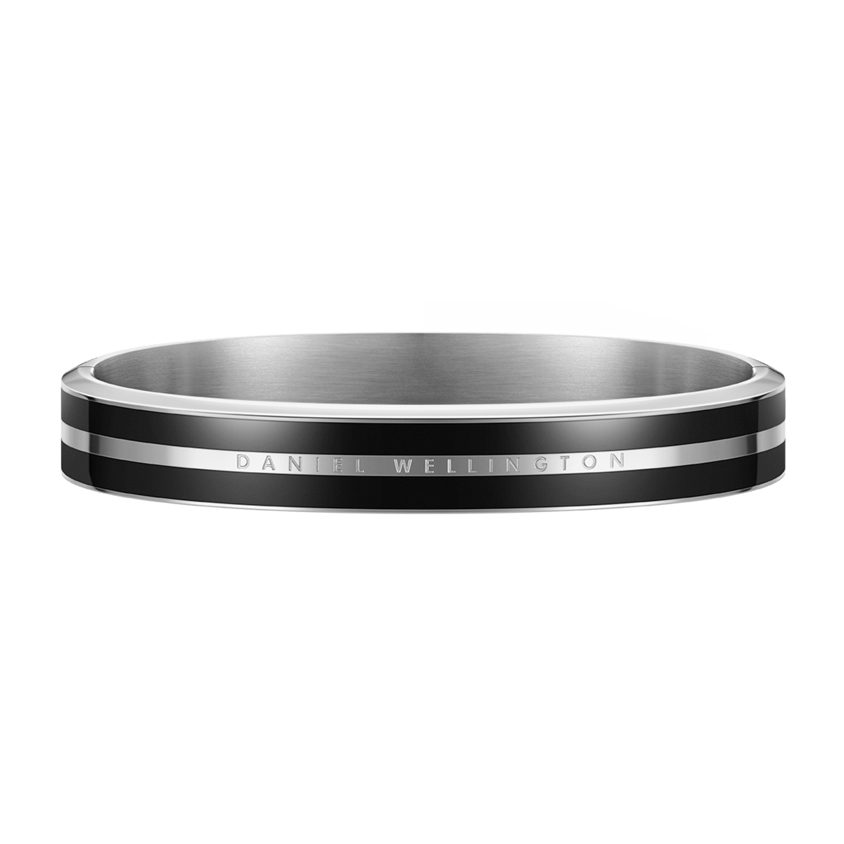 Daniel Wellington Emalie Infinite Silver Black bangle featuring dual black enamel bands on a polished silver stainless steel bracelet with subtle engraved branding.
