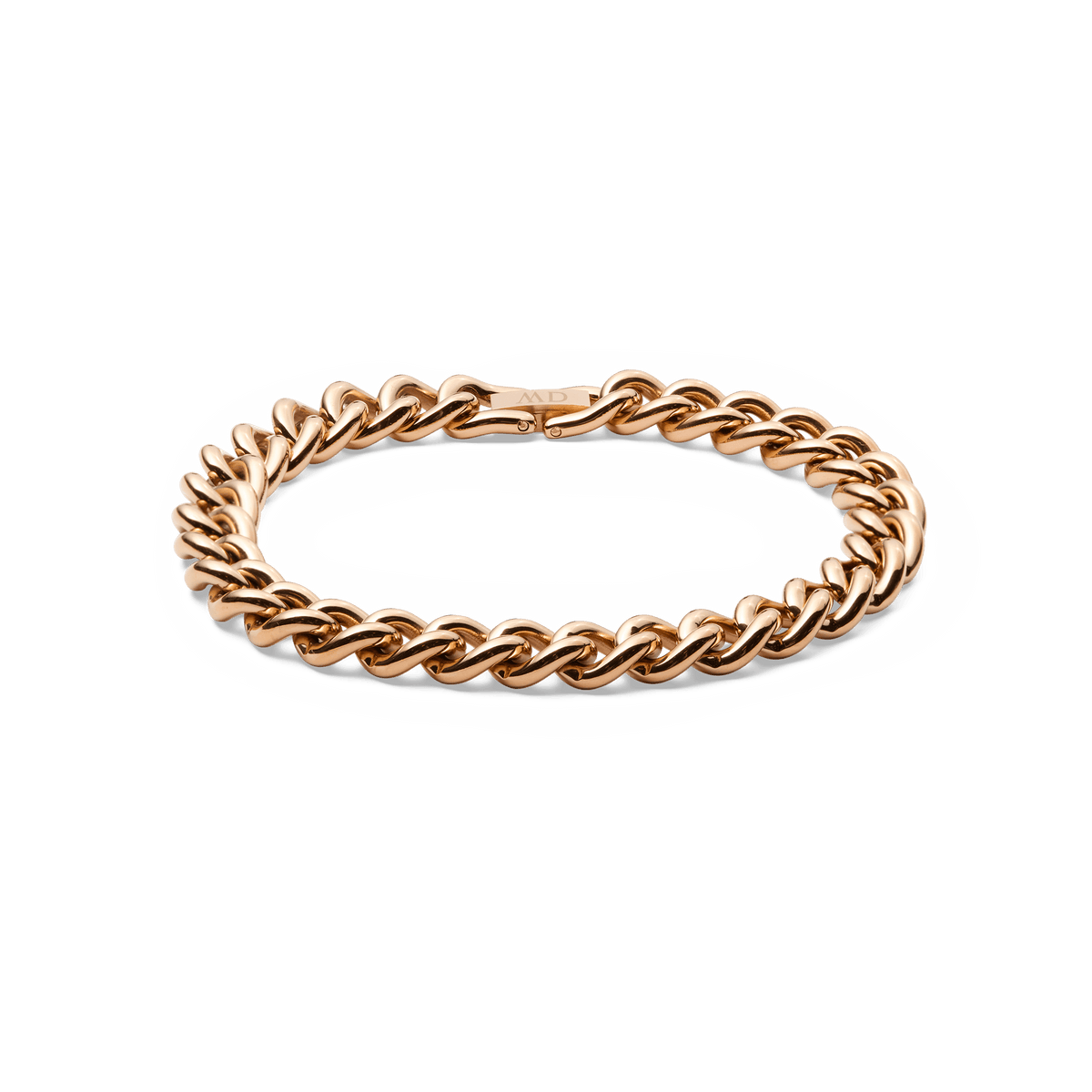 Chunky rose gold chain bracelet with rounded polished links and a fold-over clasp, crafted from stainless steel for a bold yet refined look.
