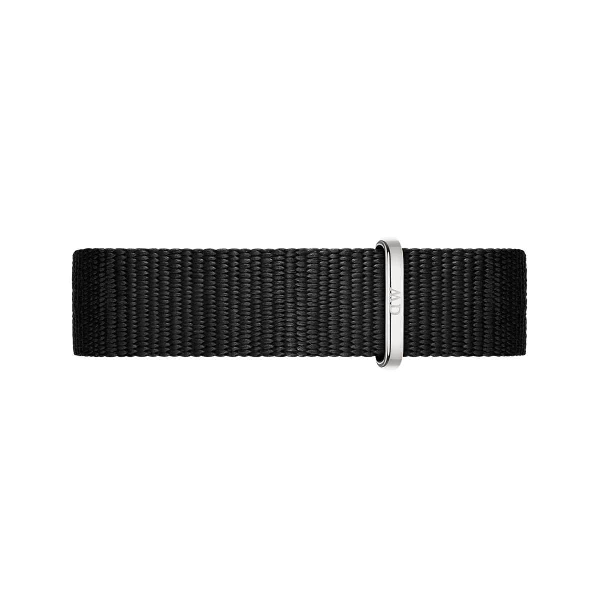 Cornwall Strap Silver showcases a black polyester NATO watch strap with a polished silver buckle engraved with DW, offering a sleek and modern look for Daniel Wellington watches.