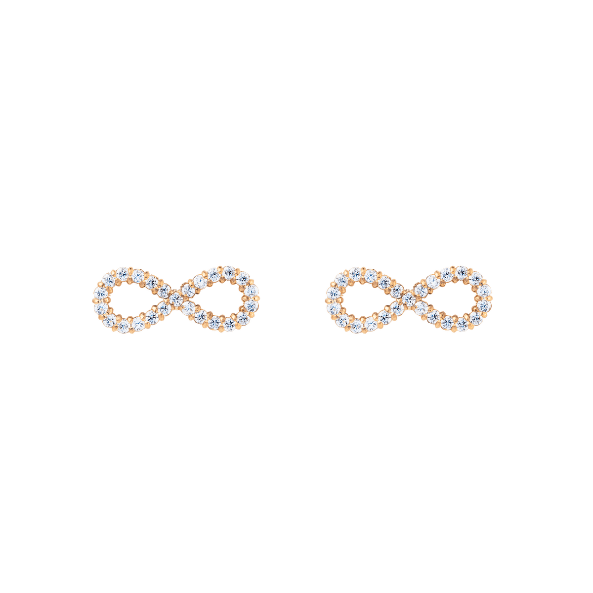 Pair of rose gold infinity stud earrings featuring a delicate pavé setting with white cubic zirconia crystals, displayed on a plain background.
