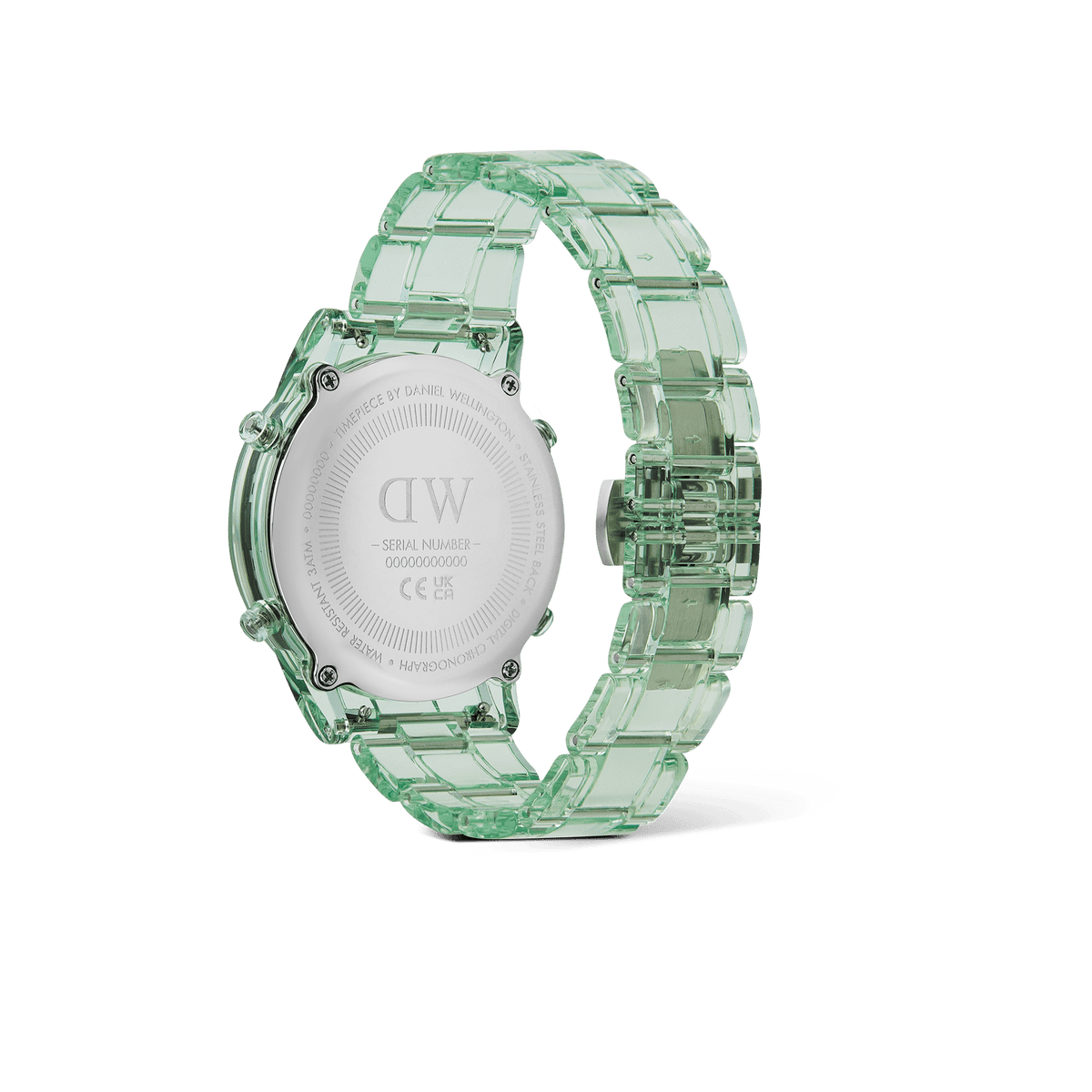 Back view of the Daniel Wellington Retro Digital Light Green watch showing the stainless steel caseback, transparent light green strap, and butterfly clasp.