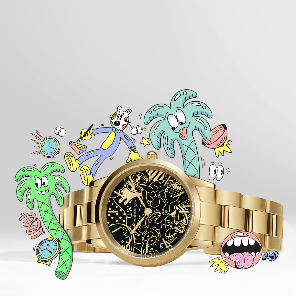 Steven Harrington x DW Iconic Link Dual Tone Gold watch with a polished gold link strap and a black dial featuring playful, artistic illustrations, surrounded by colourful cartoon characters inspired by Harrington’s signature style.