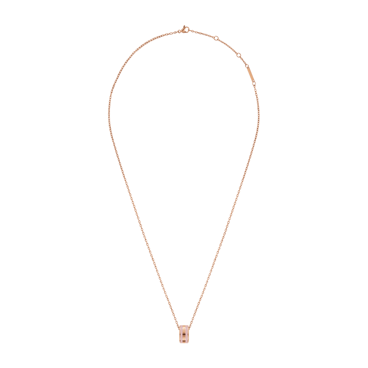 Elegant Emalie Necklace in rose gold with an adjustable chain and a cherry blossom pink enamel ring pendant, offering a minimalist and contemporary style.
