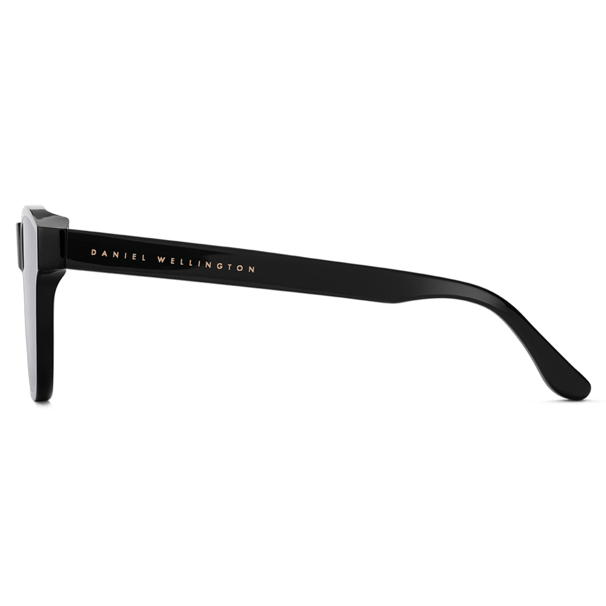 Side view of the Ambler Bio-Acetate Black sunglasses, showcasing the sleek black bio-acetate frame and subtle gold Daniel Wellington branding along the arm.