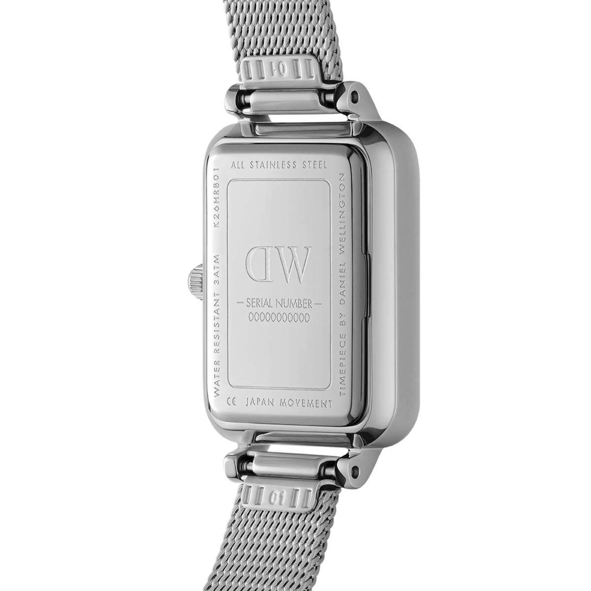 Back view of Quadro Lumine Bezel Sterling Black MOP watch showing engraved stainless steel case and mesh strap.