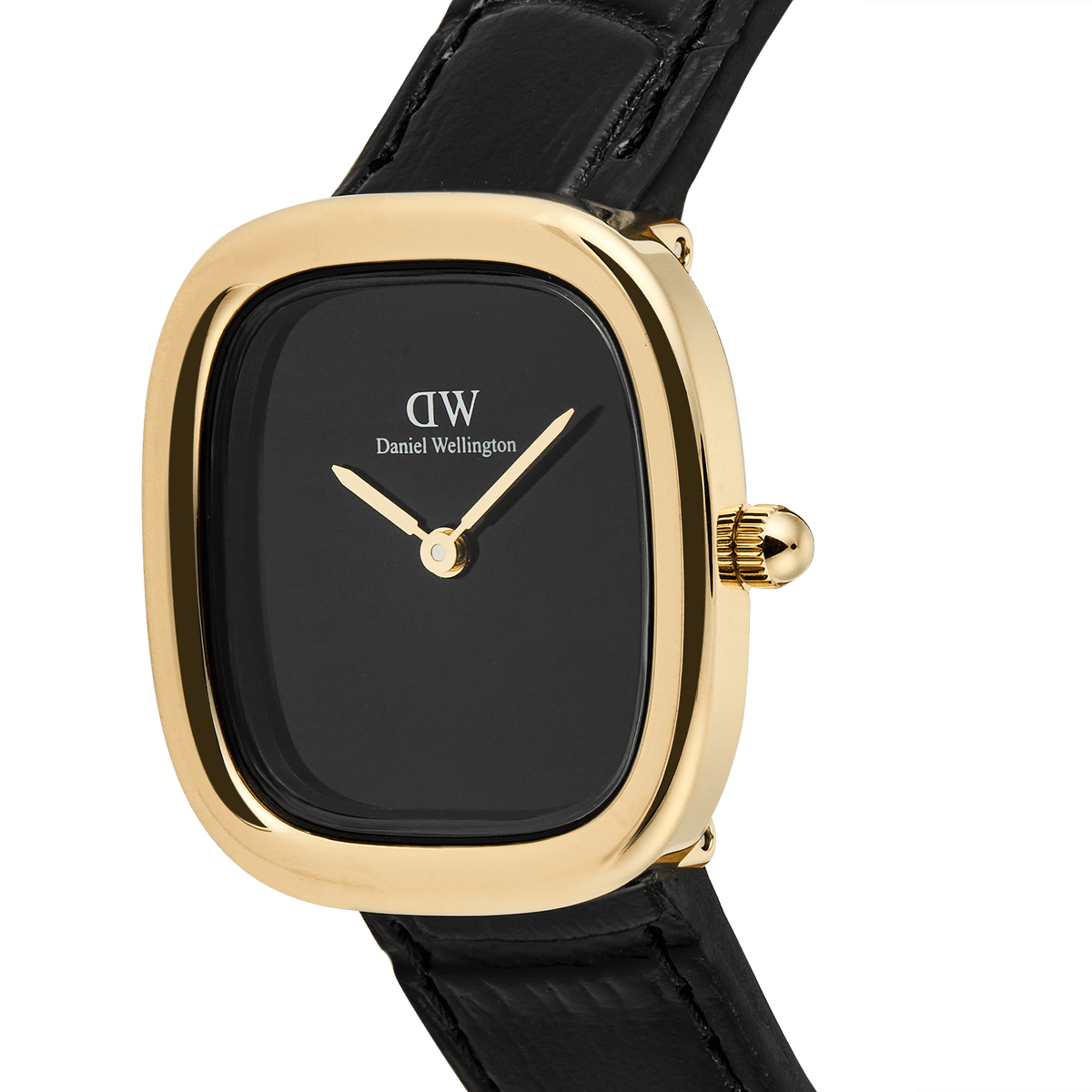 Close-up of the Margot Reading Onyx Ceramic Gold watch, showcasing its polished gold rounded square case, minimalist black ceramic dial, and genuine black Croco leather strap.