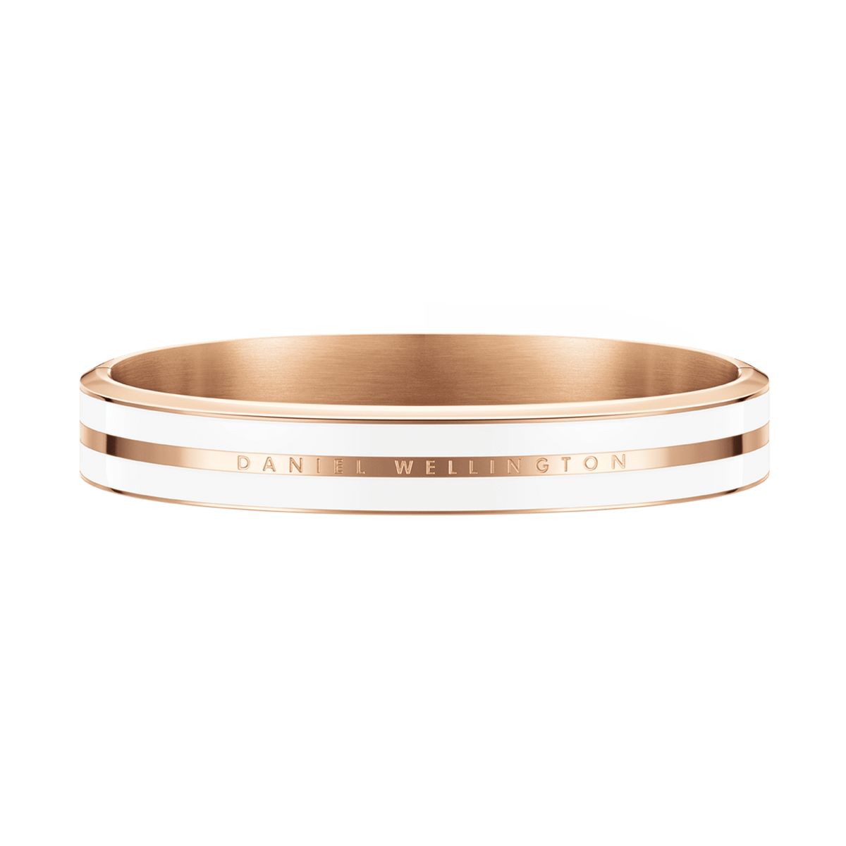 Rose gold bangle bracelet with a satin white enamel inlay and engraved Daniel Wellington logo, featuring a polished finish and minimalist design.