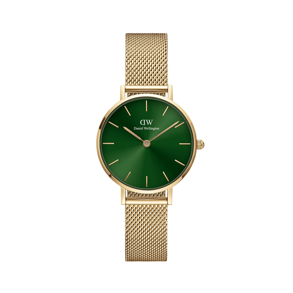 Petite Emerald Gold women’s watch with emerald green sunray dial and gold mesh strap, slim minimalist design.