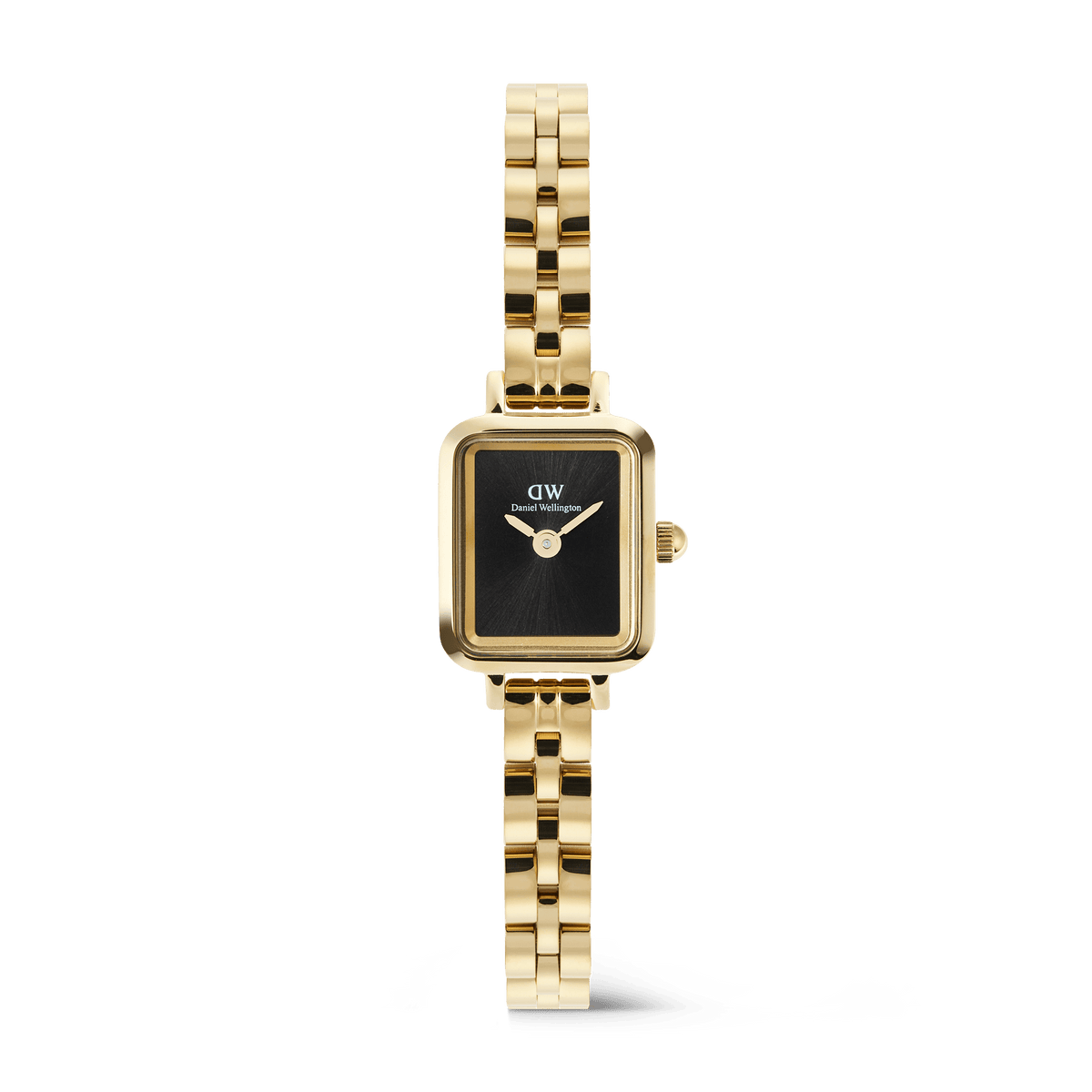 Quadro Mini Arch 3-link Onyx Sunray Gold women’s watch featuring a rectangular black dial, minimalist gold hands, and a polished gold 3-link bracelet with an elegant, contemporary design.