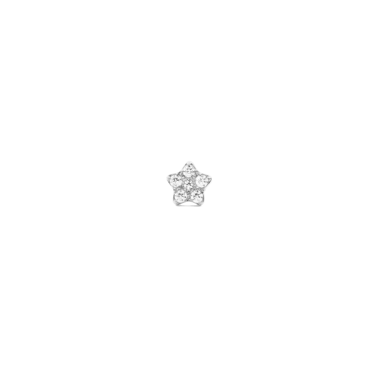 Petite star-shaped silver stud earring set with six sparkling cubic zirconia crystals in a polished claw setting.