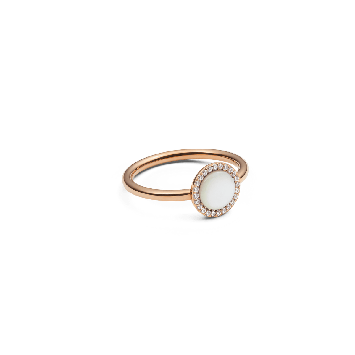 Audrey Ring in rose gold with round mother of pearl centre and cubic zirconia halo, elegant and modern jewellery piece.