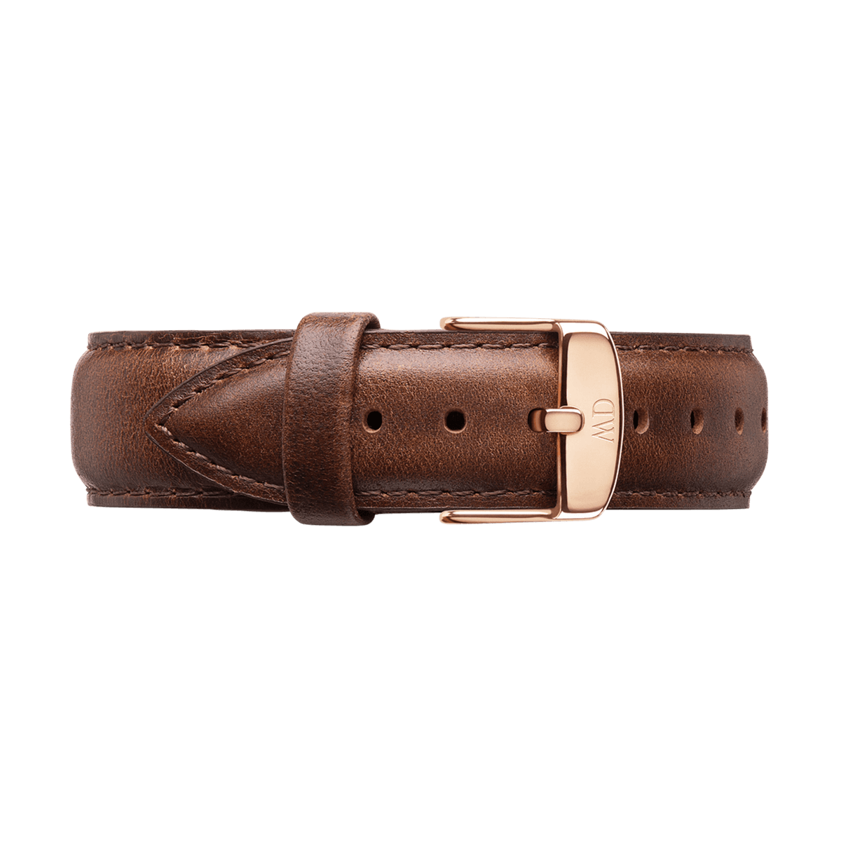 Dark brown genuine leather watch strap with detailed stitching and a polished rose gold buckle engraved with the Daniel Wellington logo, designed for a refined and versatile look.
