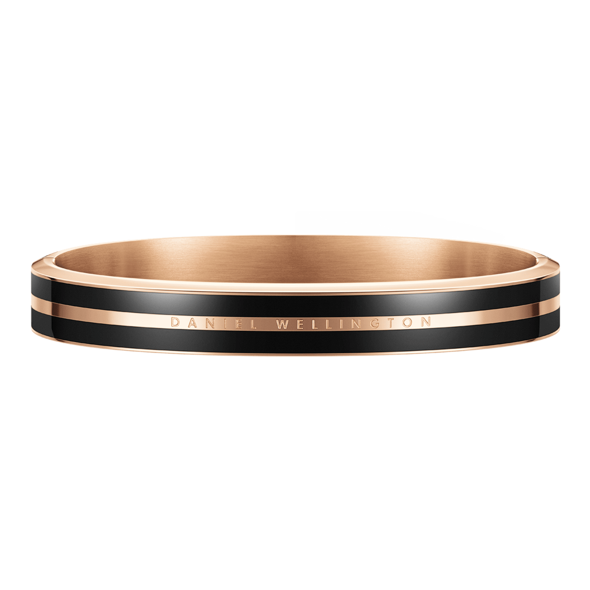 Designer Daniel Wellington Emalie Infinite bangle in rose gold with black enamel accents, featuring a smooth silhouette and engraved detailing.