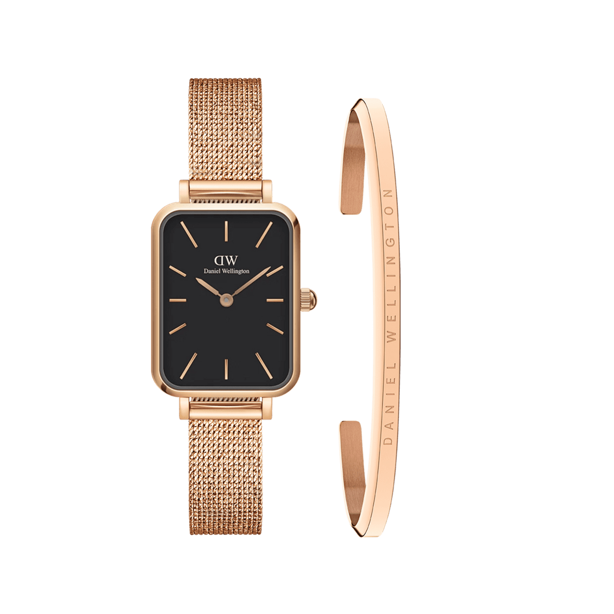 Rectangular rose gold watch with a black dial and matching mesh strap, paired with a slim rose gold bracelet engraved with the Daniel Wellington logo. Both pieces feature a minimalist, elegant design ideal for sophisticated styling.