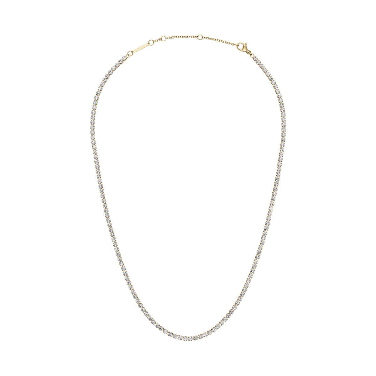 Gold tennis necklace featuring a continuous row of sparkling crystals set in a slim, adjustable chain with three sizing rings, designed for a refined and elegant look.