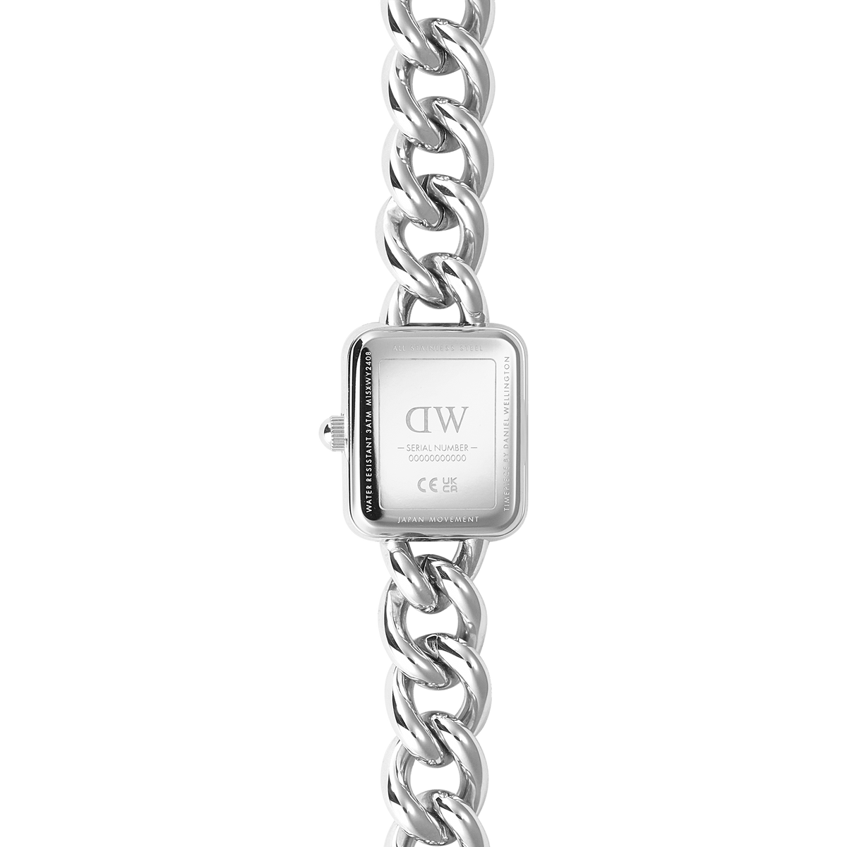 Rear view of Jolie Chain Silver women’s watch showing engraved caseback and chunky polished stainless steel chain bracelet.