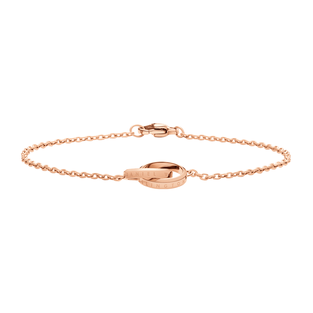 Rose gold Elan Unity Bracelet with two polished interlocking rings on a fine chain, crafted from stainless steel with a secure fastening.
