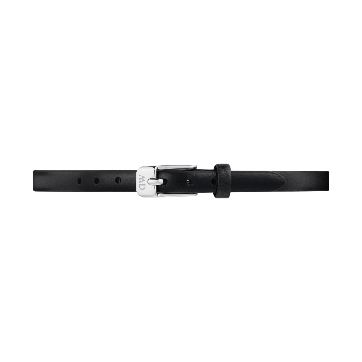 Slim black genuine leather watch strap with subtle stitching, featuring a polished silver pin buckle engraved with the Daniel Wellington logo. The refined design offers a classic, elegant look suitable for pairing with a variety of watch faces.