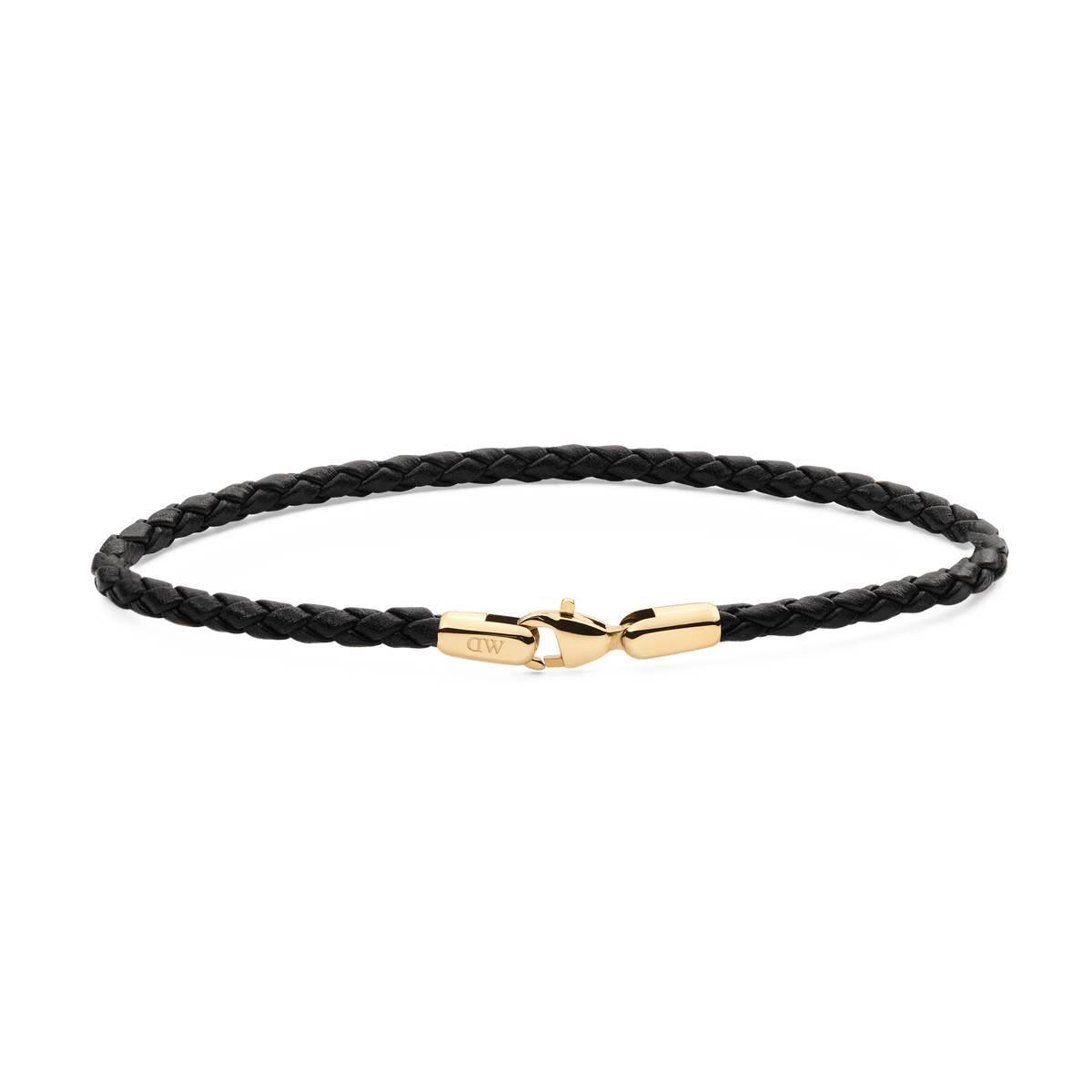 Slim black braided leather bracelet with a polished gold-tone lobster clasp, featuring a minimalist design and subtle Daniel Wellington branding.