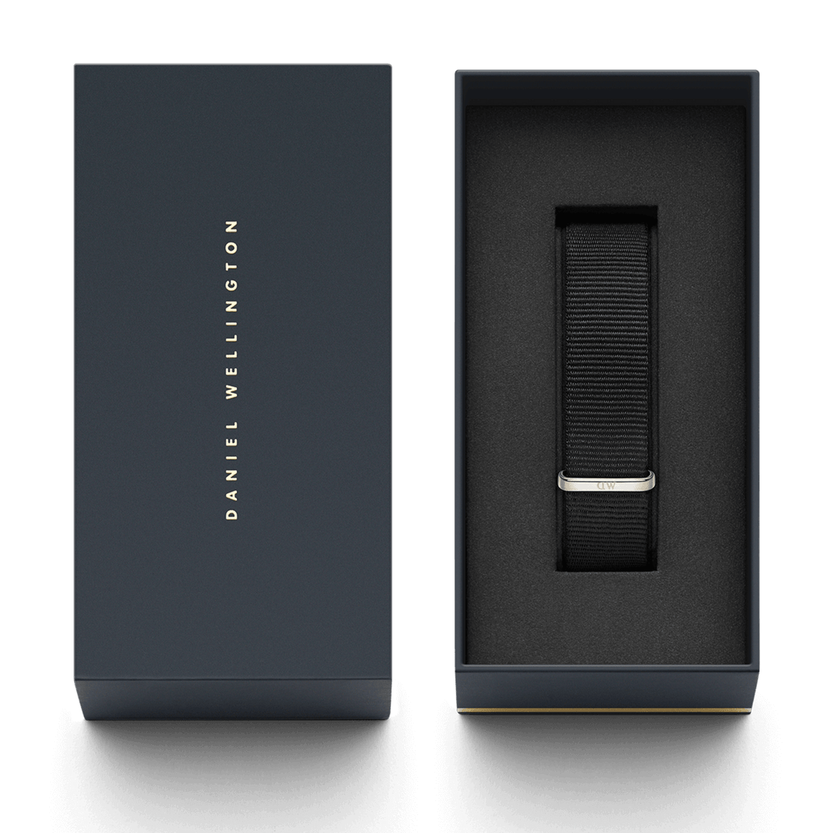 Cornwall Strap Gold presented in an elegant Daniel Wellington gift box, featuring a black NATO watch strap with gold hardware, ideal for gifting or updating your timepiece.