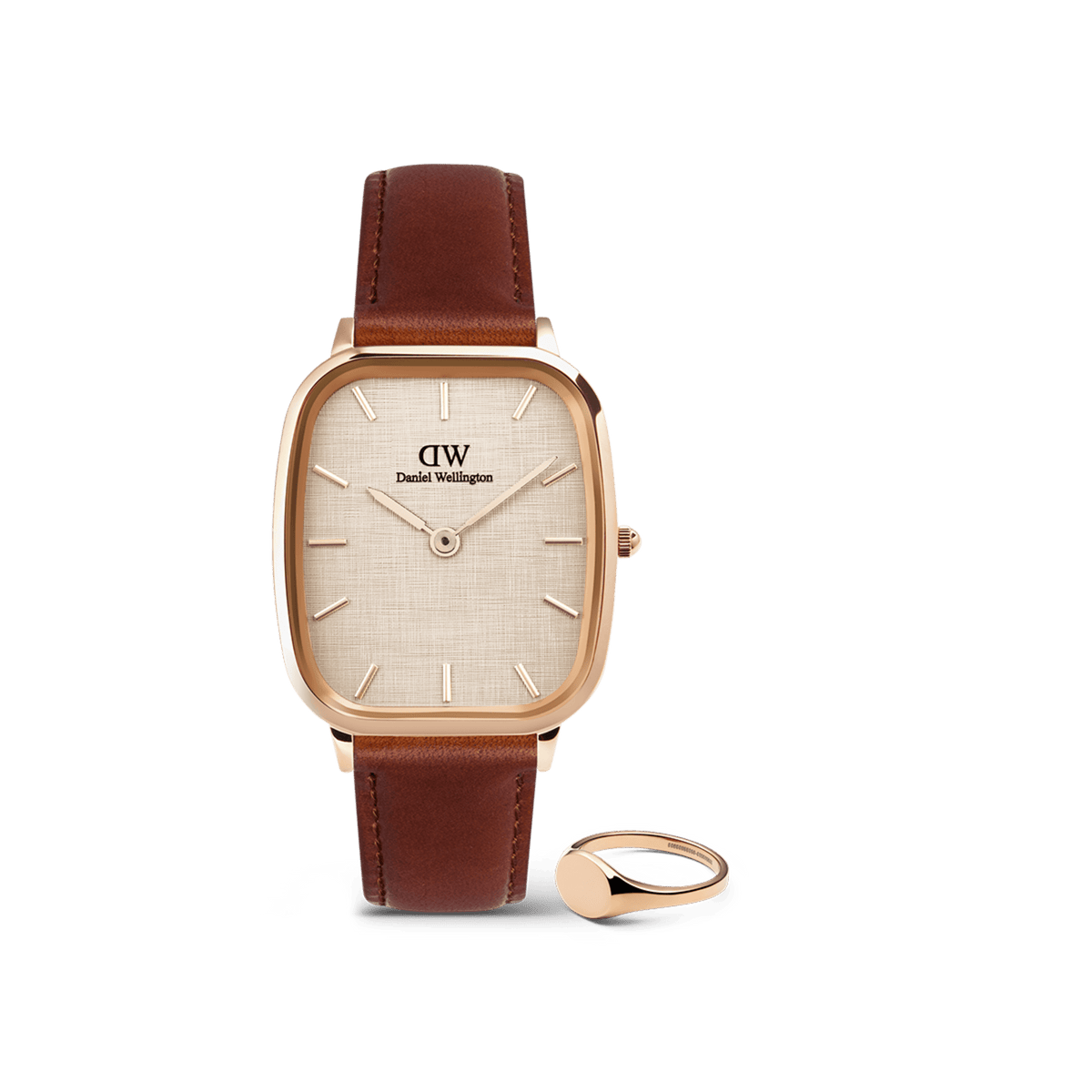 Rose gold Daniel Wellington square-faced watch with a brown leather strap, paired with a minimalist rose gold signet ring, both displayed against a plain background.