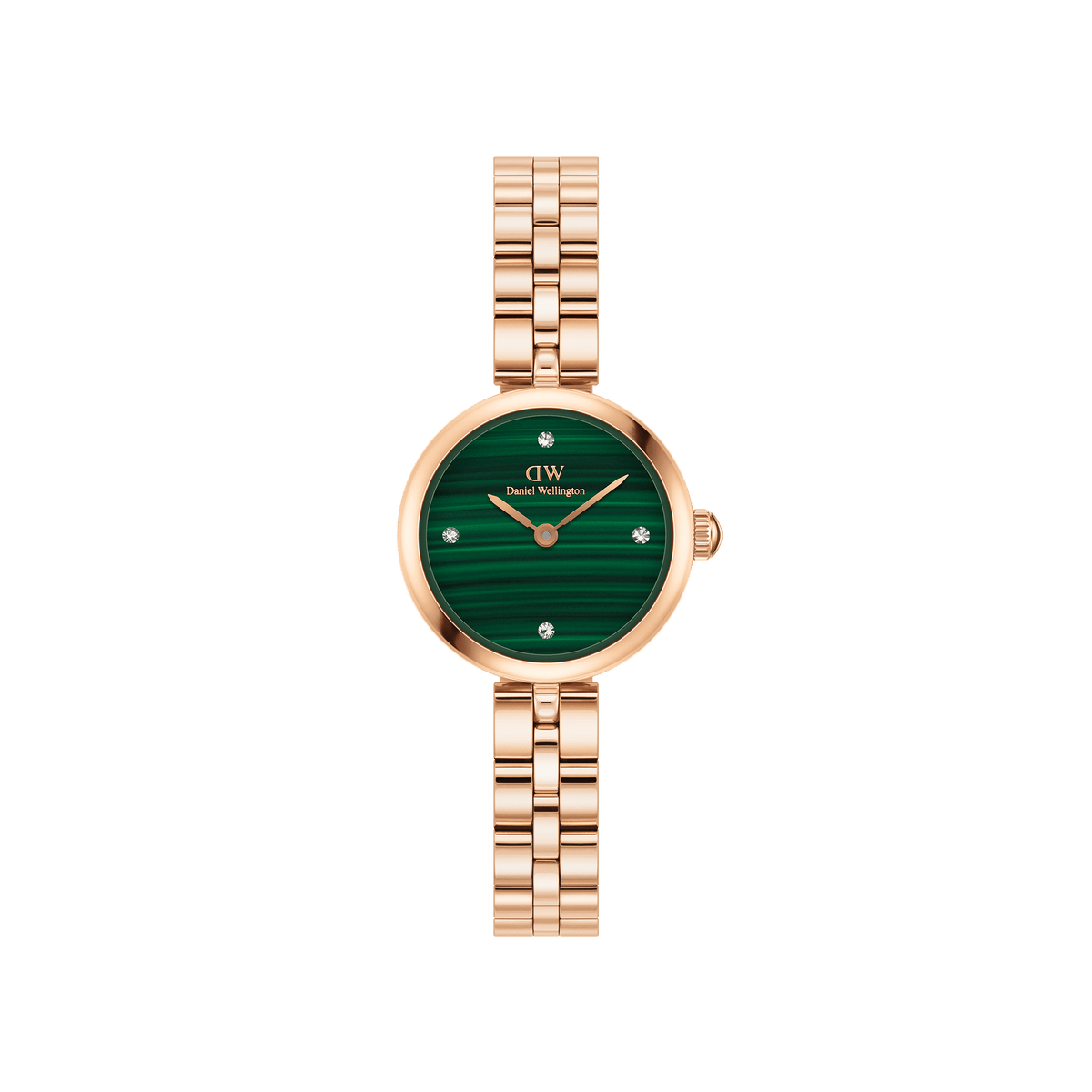 Rose gold women’s watch with a green malachite dial, crystal hour markers, and a polished three-link bracelet.