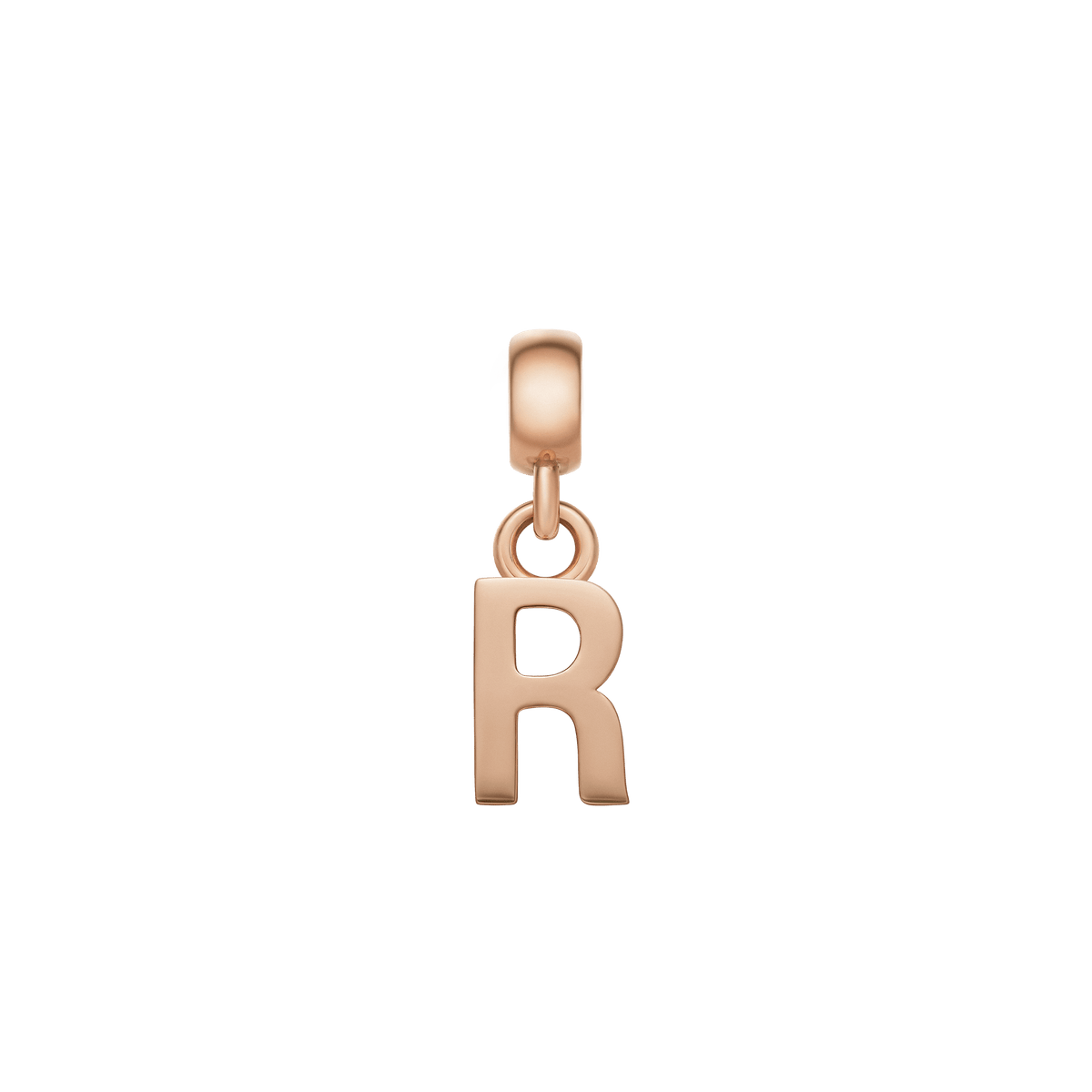 Rose gold letter R charm with a polished, minimalist design and smooth finish, perfect for customising bracelets or necklaces with a personal touch.