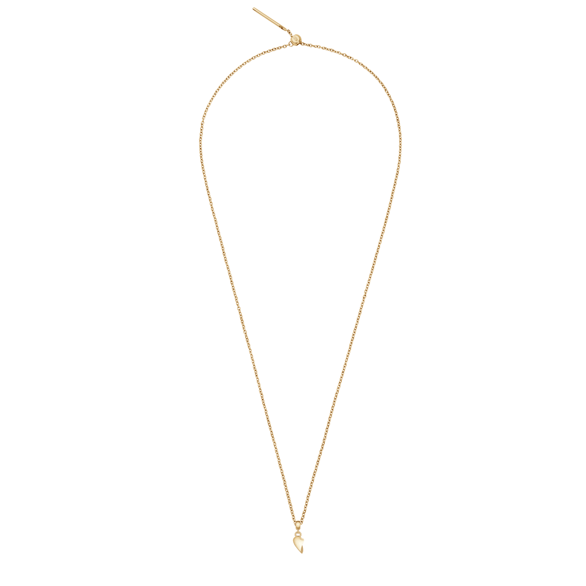 Long gold necklace featuring a single half of a broken heart charm with a smooth, polished finish.