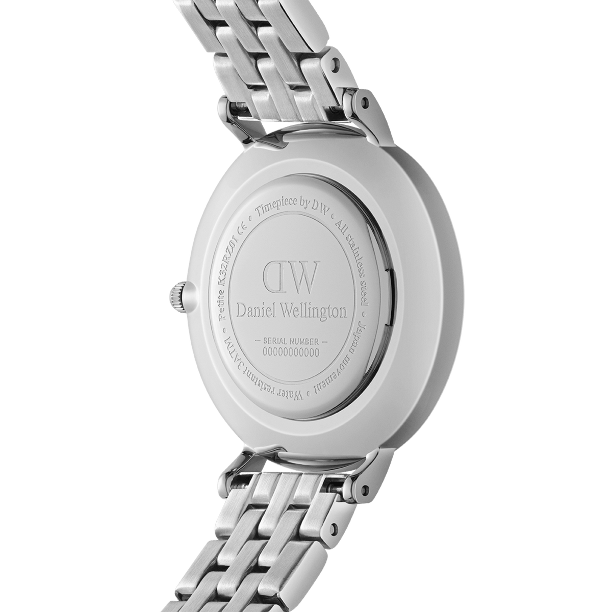Back view of Petite Lumine Bezel 5-Link Arctic S, showing engraved stainless steel case and silver 5-link bracelet.