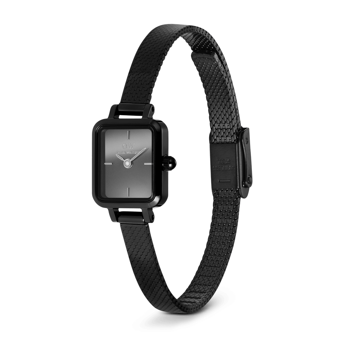 Quadro Mini Reflection Black women’s watch featuring a rectangular mirror glass dial, polished black case, and a fine black mesh stainless steel strap with an adjustable clasp.