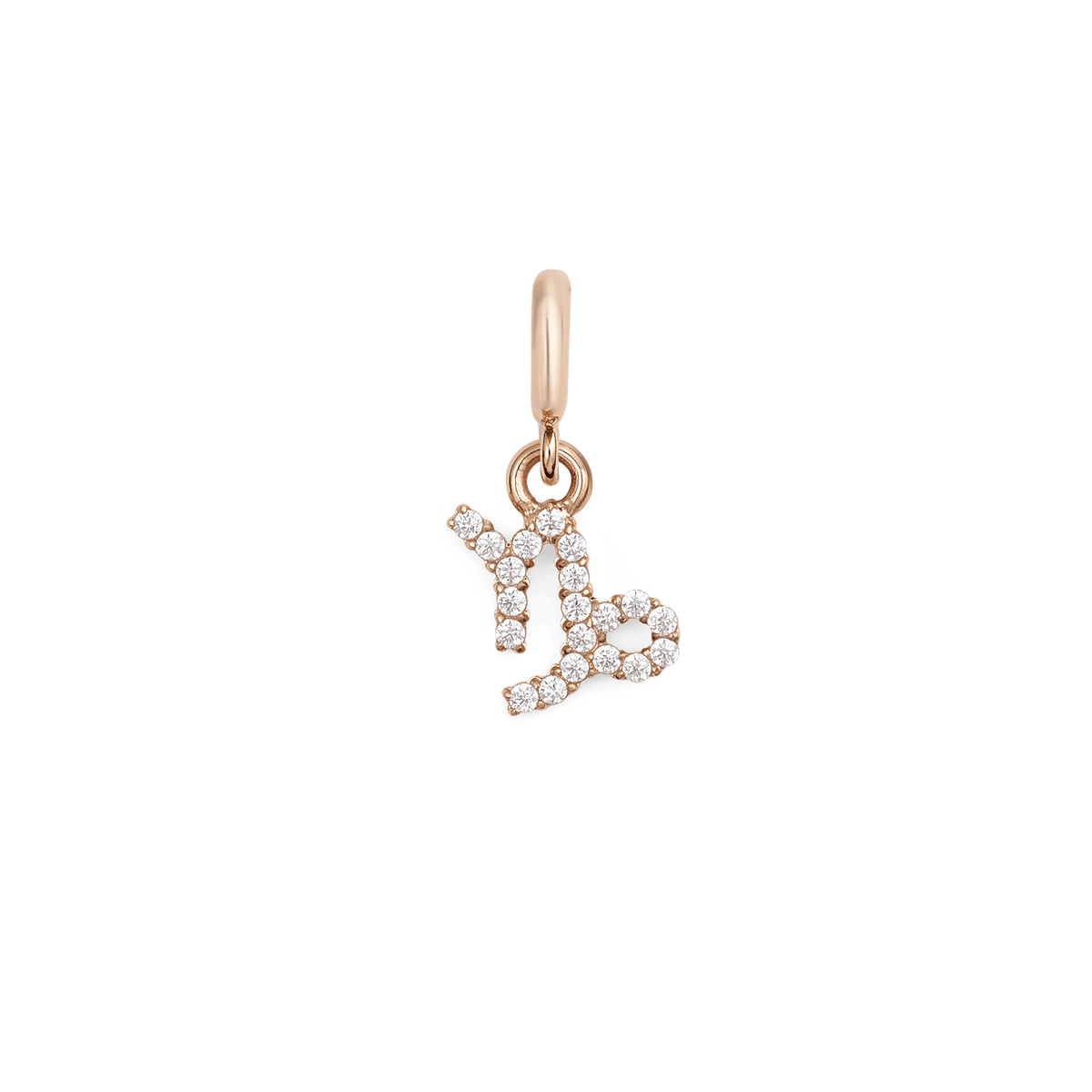 Capricorn zodiac watch charm in rose gold, featuring the Capricorn symbol set with sparkling cubic zirconia crystals on a polished stainless steel charm.