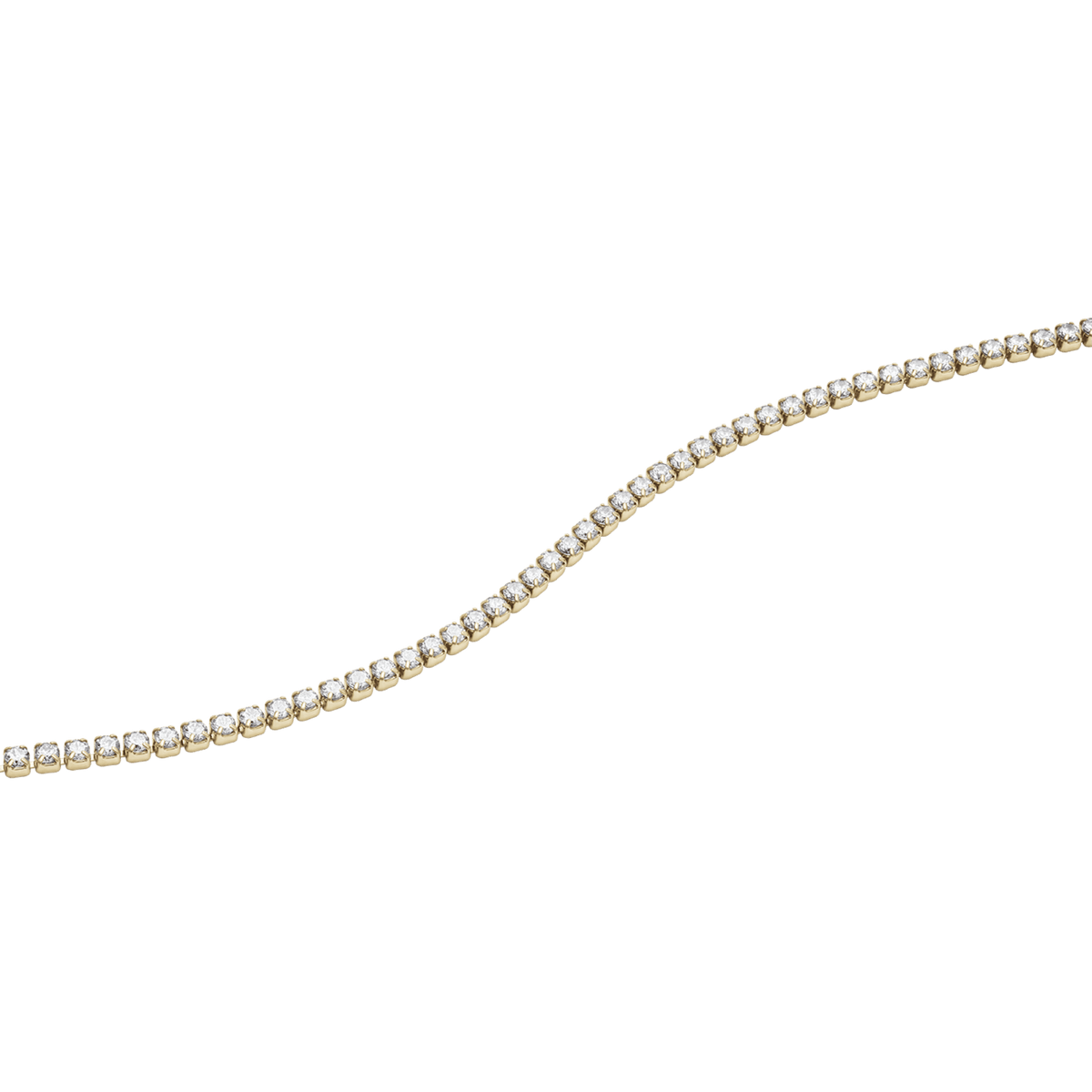 Slim gold tennis bracelet featuring a row of sparkling cubic zirconia crystals in a classic, minimalist design.