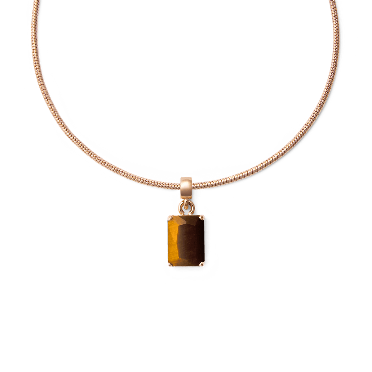 Octagonal tiger eye stone charm set in rose gold PVD plated stainless steel, suspended from a sleek rose gold necklace for a refined, modern finish.