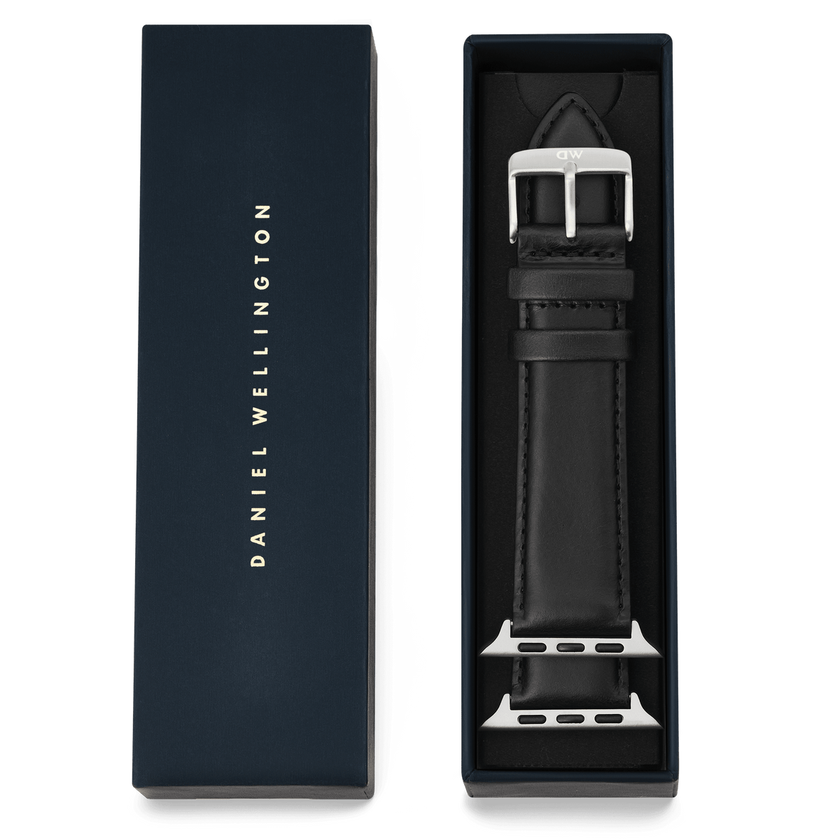 Daniel Wellington Sheffield Silver black leather smartwatch strap with polished silver buckle, presented in a signature navy gift box, designed to fit the Apple Watch Ultra.