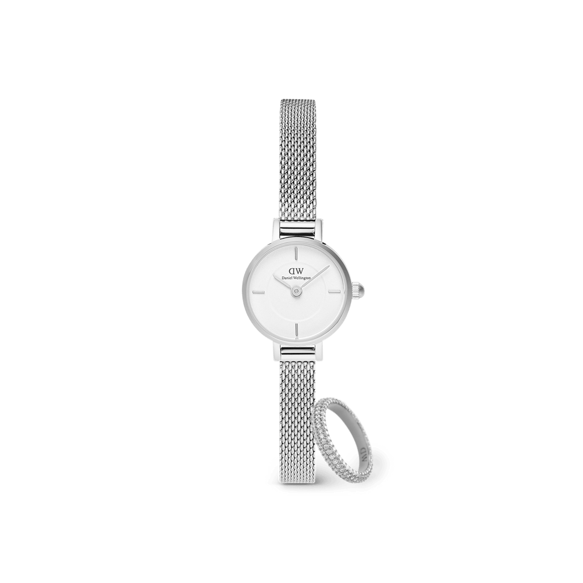 Petite silver mesh strap watch with a minimalist round face, paired with a matching pavé crystal ring, both crafted in polished steel for an elegant and coordinated look.