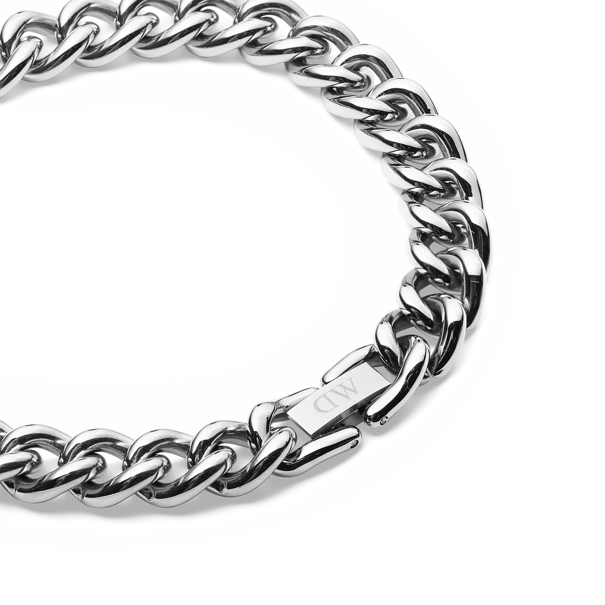 Detail view of the Chunky Chain Bracelet Silver, showing the polished stainless steel links and the engraved Daniel Wellington fold-over clasp.