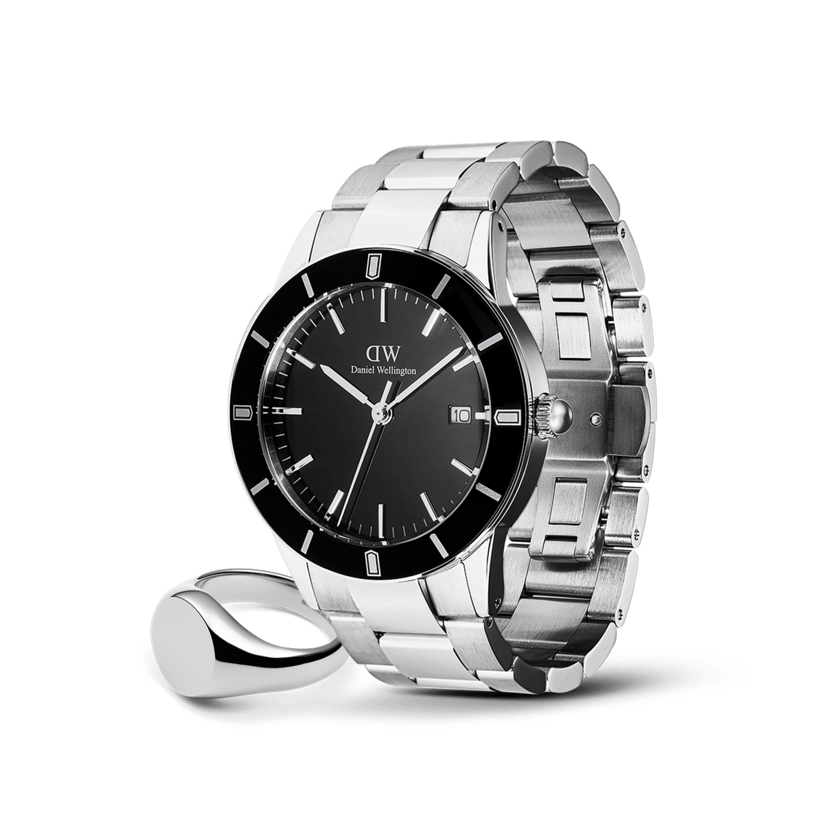 Daniel Wellington Iconic Paradigma Black watch with a polished silver link strap, paired with a classic silver signet ring, both featuring a sleek, modern design and refined finish.