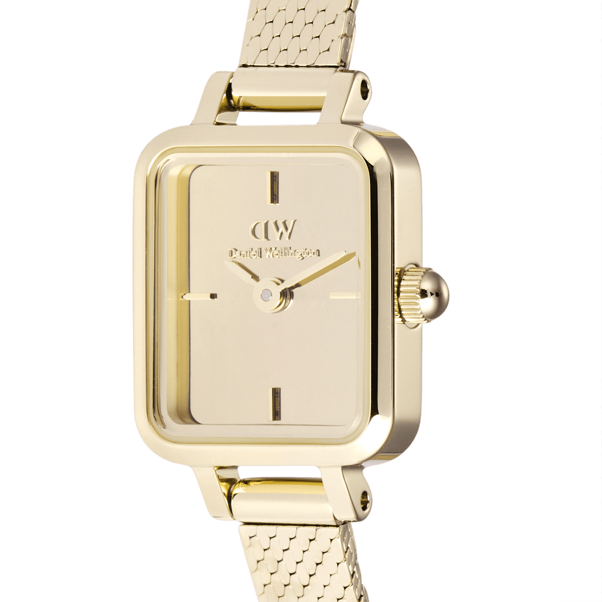 Quadro Mini Reflection Gold watch close-up showing rectangular mirror dial, minimalist markers, and polished gold mesh strap.