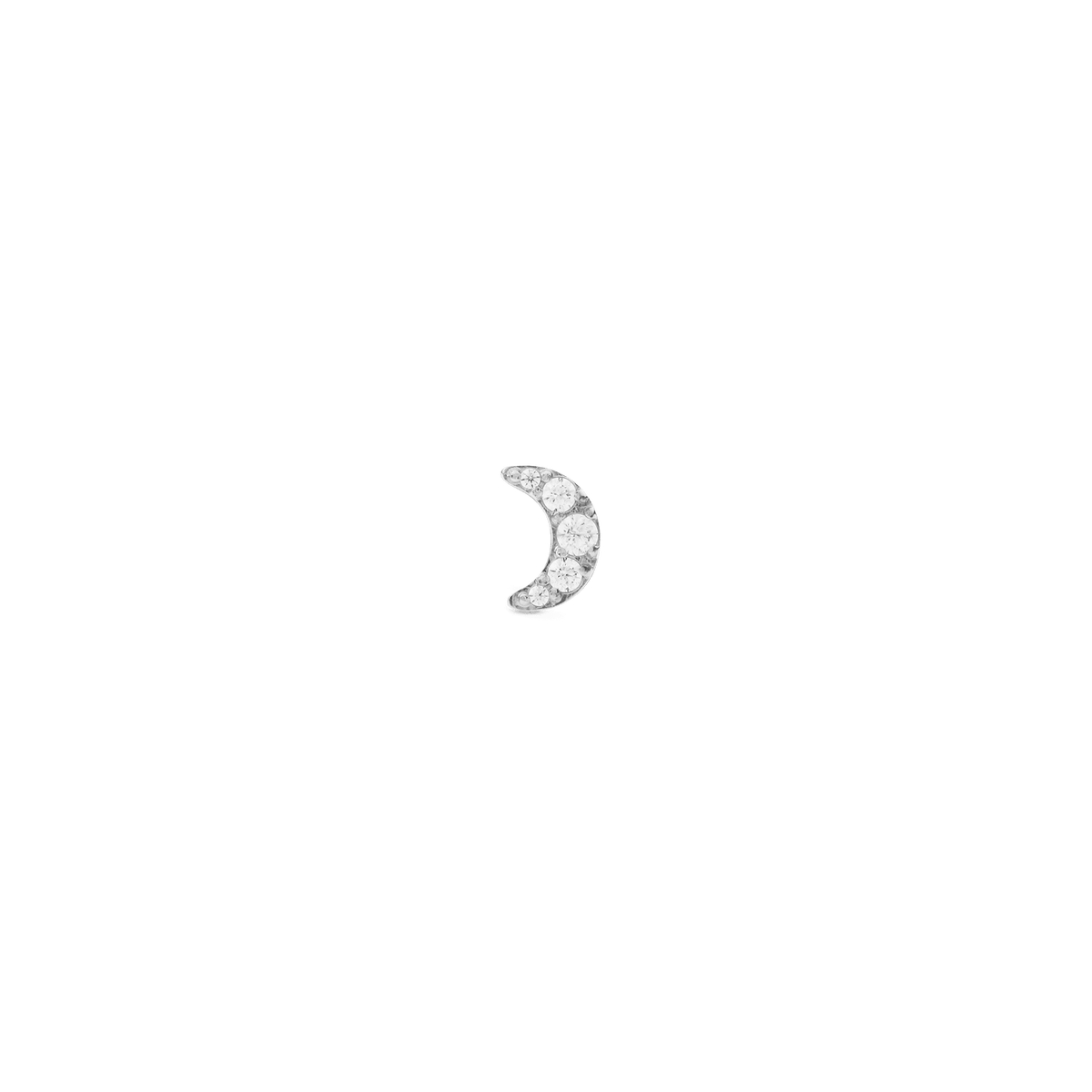 Petite crescent moon stud earring in polished silver, set with five sparkling cubic zirconia crystals.