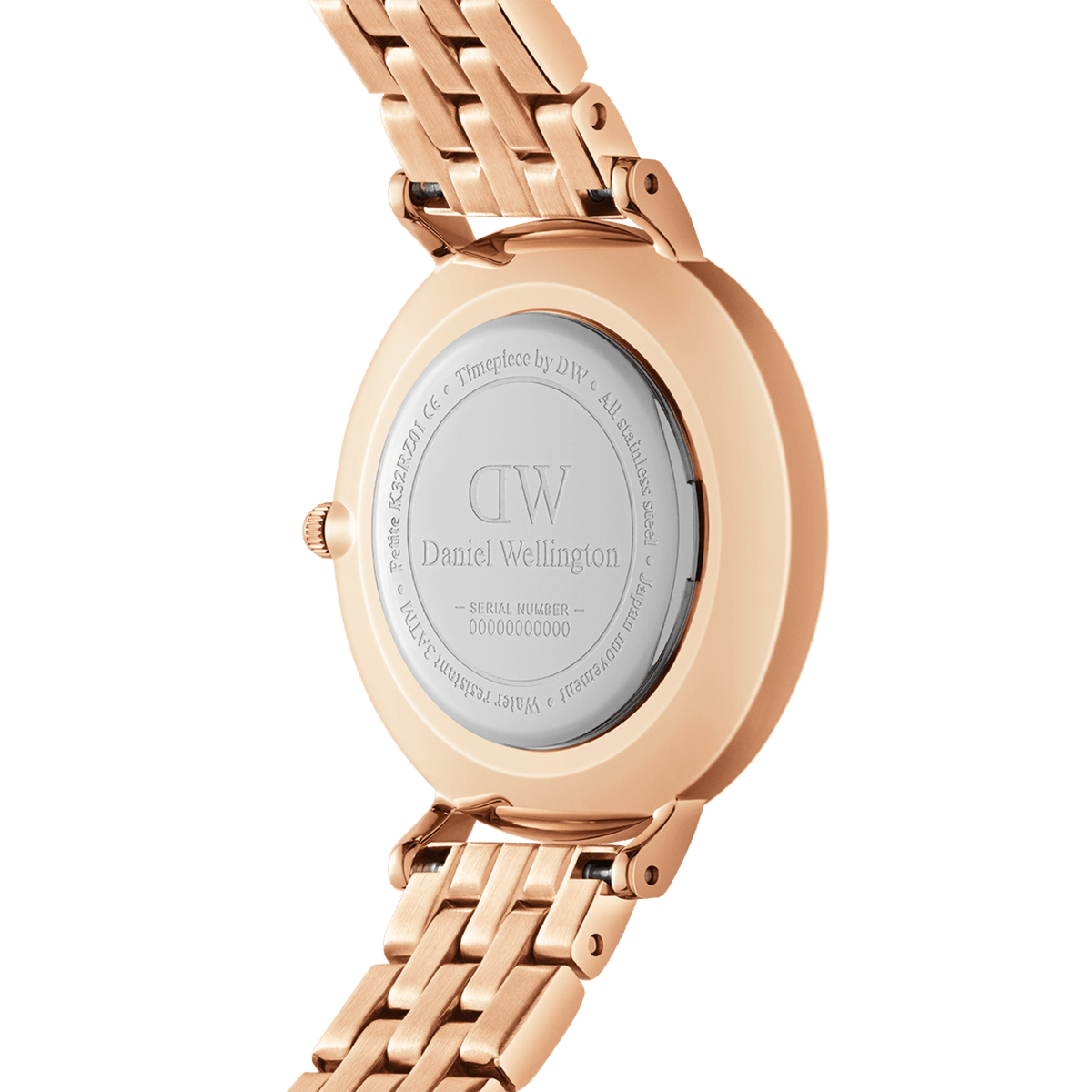 Back view of the Petite Lumine Bezel 5-Link Melrose watch, showing the engraved Daniel Wellington caseback and rose gold stainless steel bracelet.