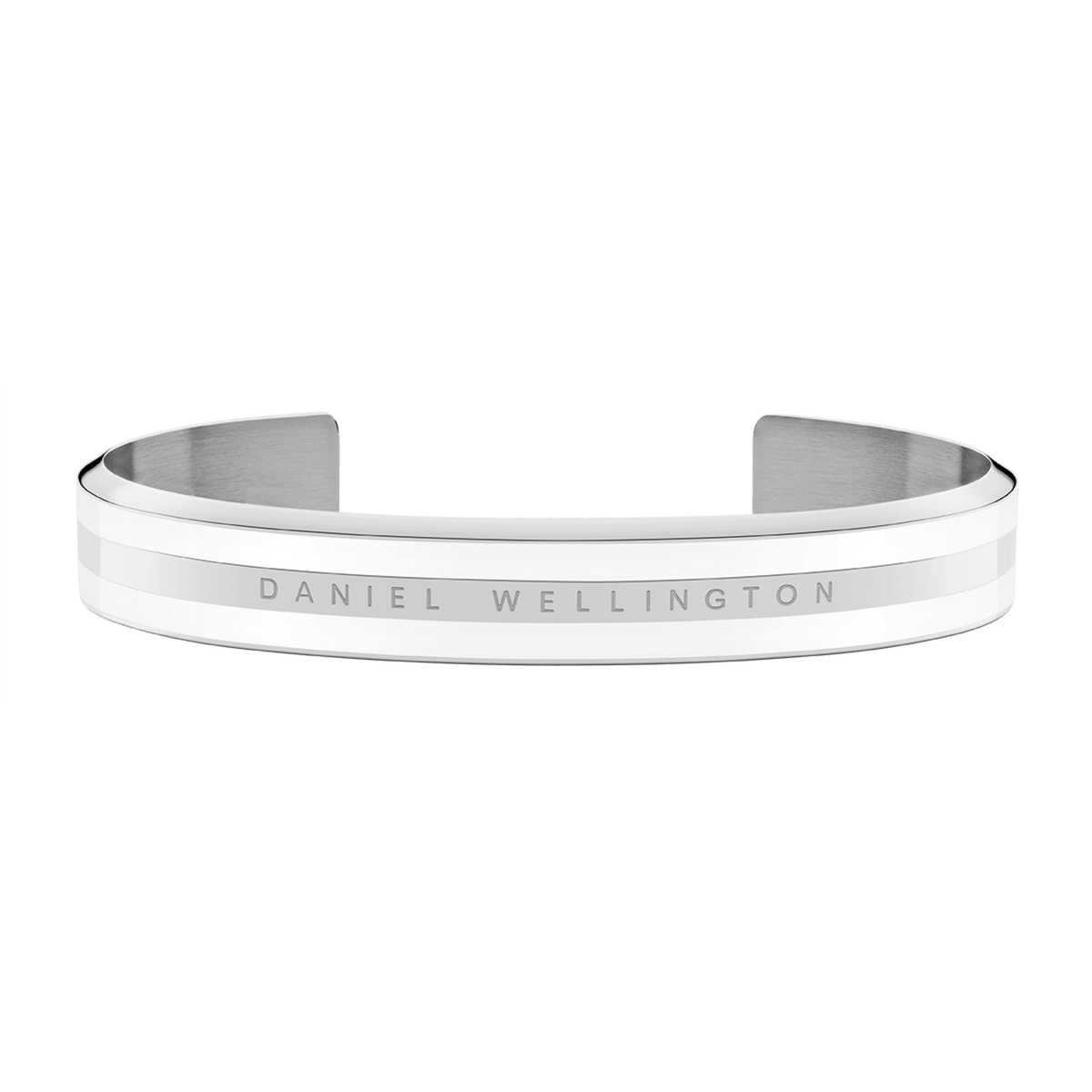 Satin white enamel and polished silver-tone Daniel Wellington Emalie Bracelet with engraved logo, shown as a minimalist open bangle.