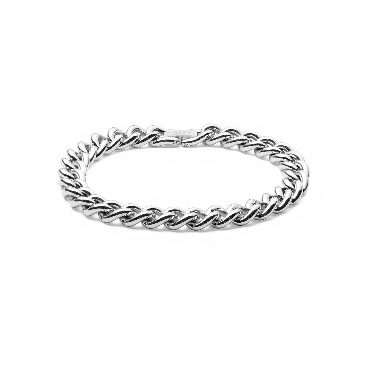 Polished silver chunky chain bracelet with substantial interlocking links and a fold-over clasp, crafted from stainless steel for a bold, modern look.